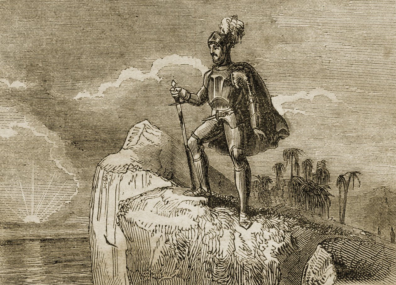 La prima vista del Pacifico di Balboa nel 1513, illustrazione da 