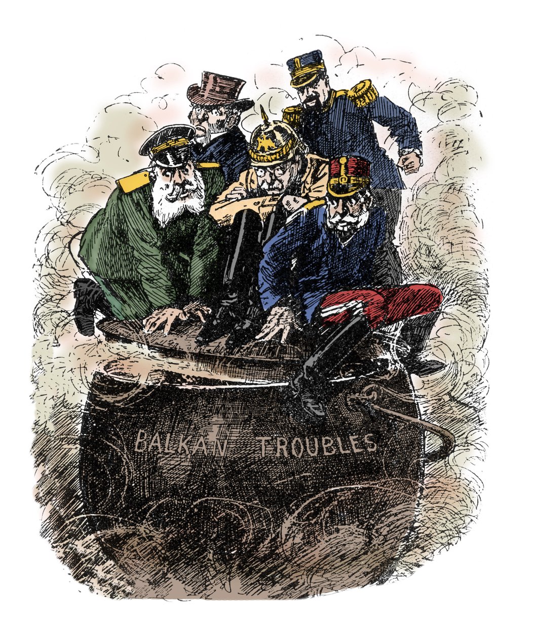 Problemi balcanici - Le grandi potenze europee rappresentate da Gran Bretagna, Francia (Armand Fallieres), Russia (Nicola II), Germania (Guglielmo II) e Austro-Ungheria stanno cercando di soffocare i conflitti nei Balcani chiudendo il coperchio della pento da English School