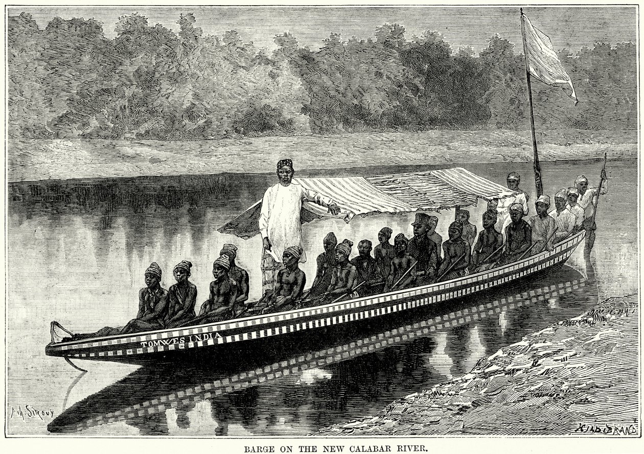 Chiatta sul fiume New Calabar (incisione) da English School