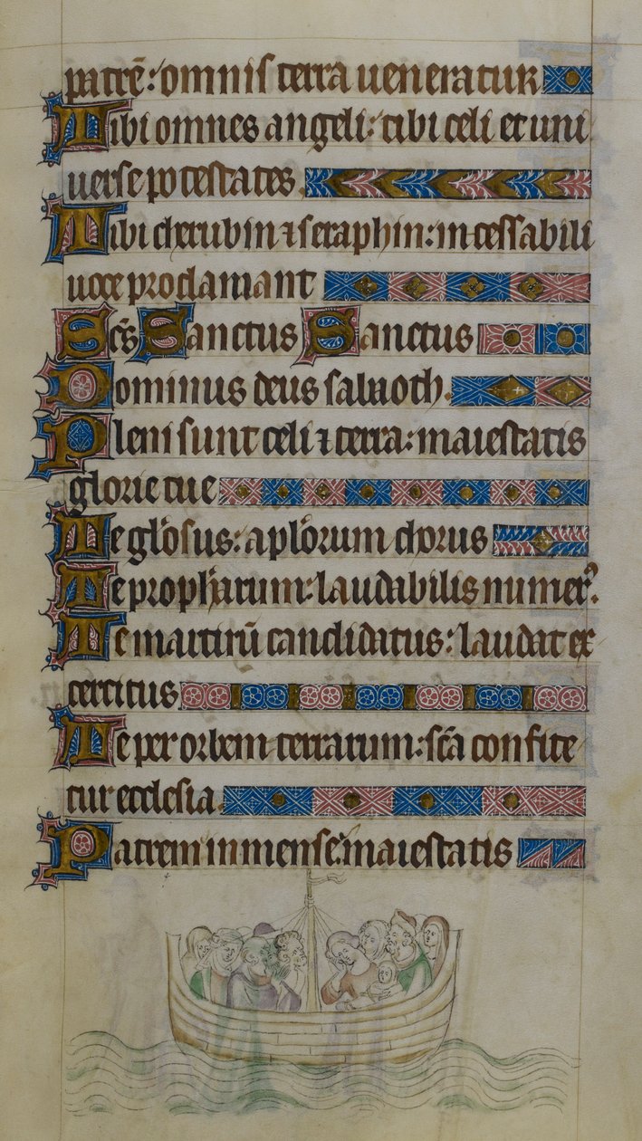 Scena bas-de-page che mostra Thomas Becket e compagni che attraversano la Manica in barca mentre vanno in esilio in Francia, illustrazione dal 
