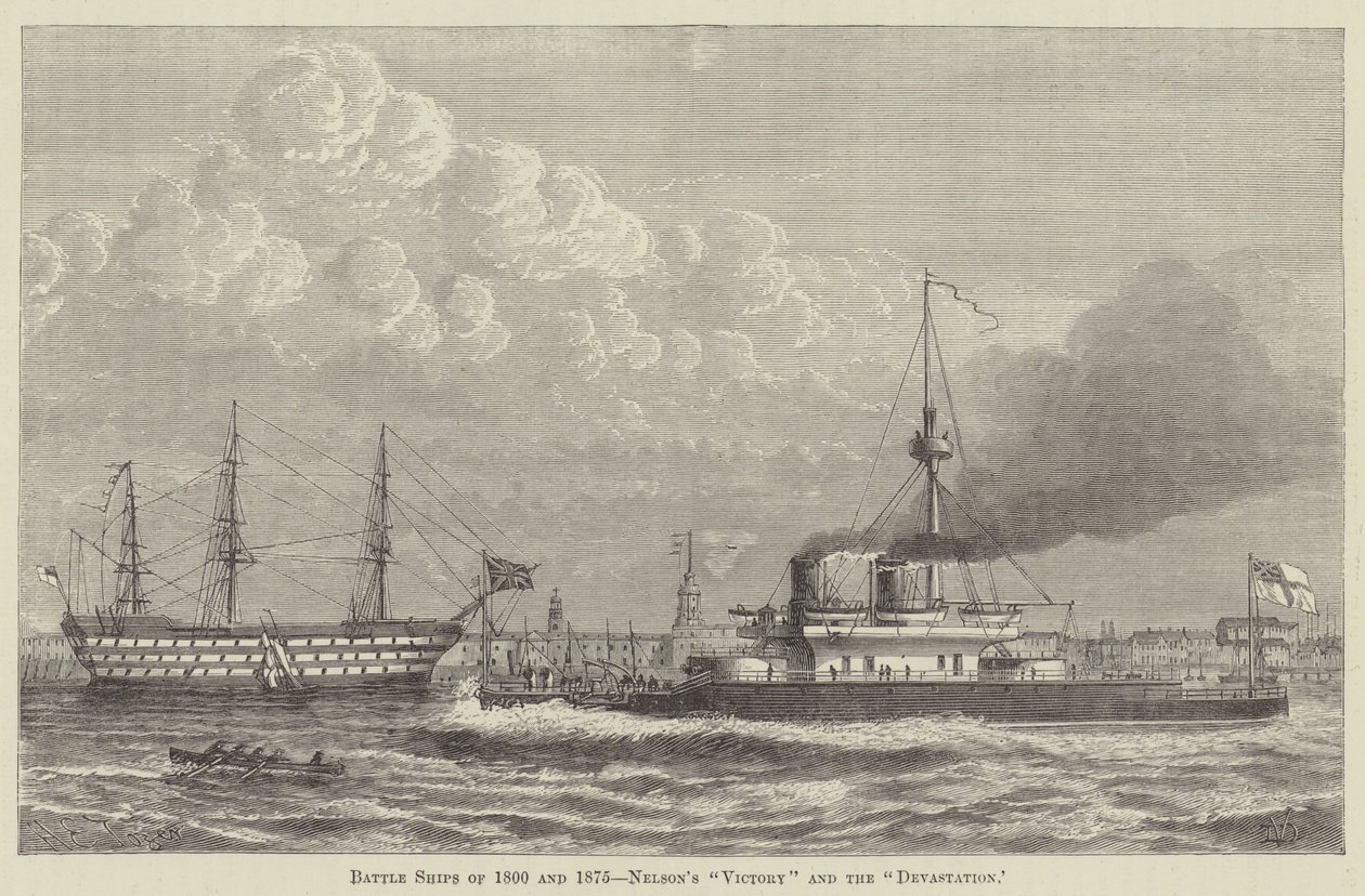 Navi da battaglia del 1800 e del 1875, la "Victory" e la "Devastation" di Nelson (incisione) da English School