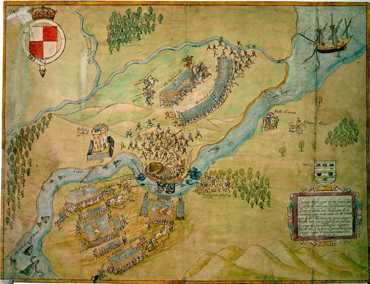 Battaglia di Erne Ford nel 1593 (penna e inchiostro con lavaggio su carta) da English School