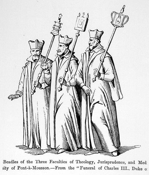 Bidelli delle tre facoltà di teologia, giurisprudenza e medicina, dal funerale di Carlo III, duca di Lorena, illustrazione da Scienza e Letteratura nel Medioevo e nel Rinascimento, scritta e incisa da Paul Lacroix da English School