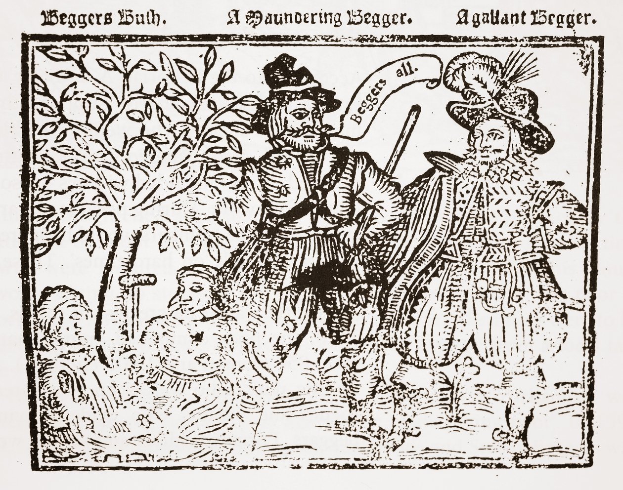 Tutti i mendicanti: Beggars Bush, un mendicante errante e un mendicante galante, frontespizio di The Praise, Antiquity and Commodity of Beggary, Beggars and Begging da English School