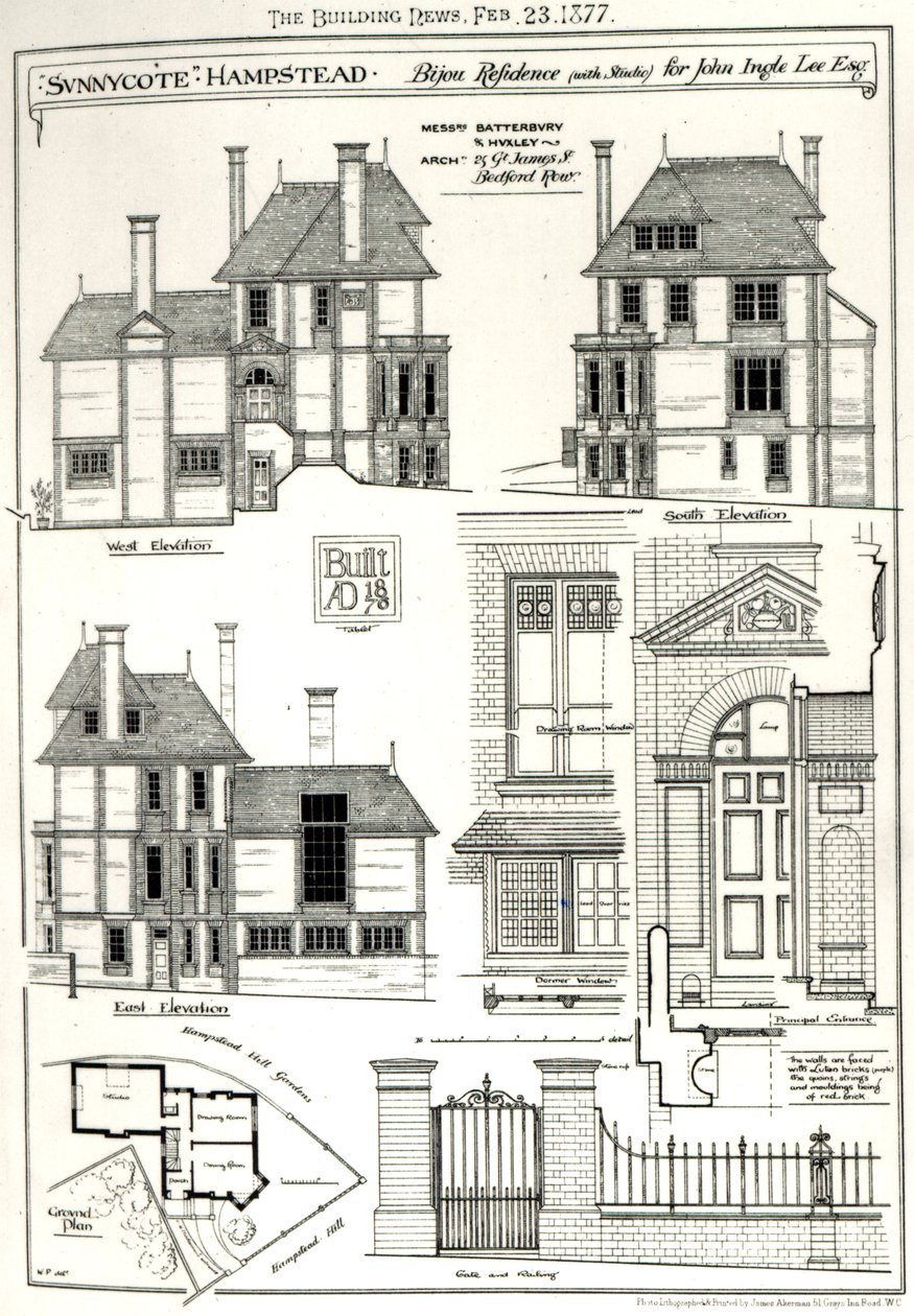Residenza Bijou Sunnycote, Hampstead, (con studio) per John Ingle Lee Esq, da The Building News, 23 febbraio 1877 da English School