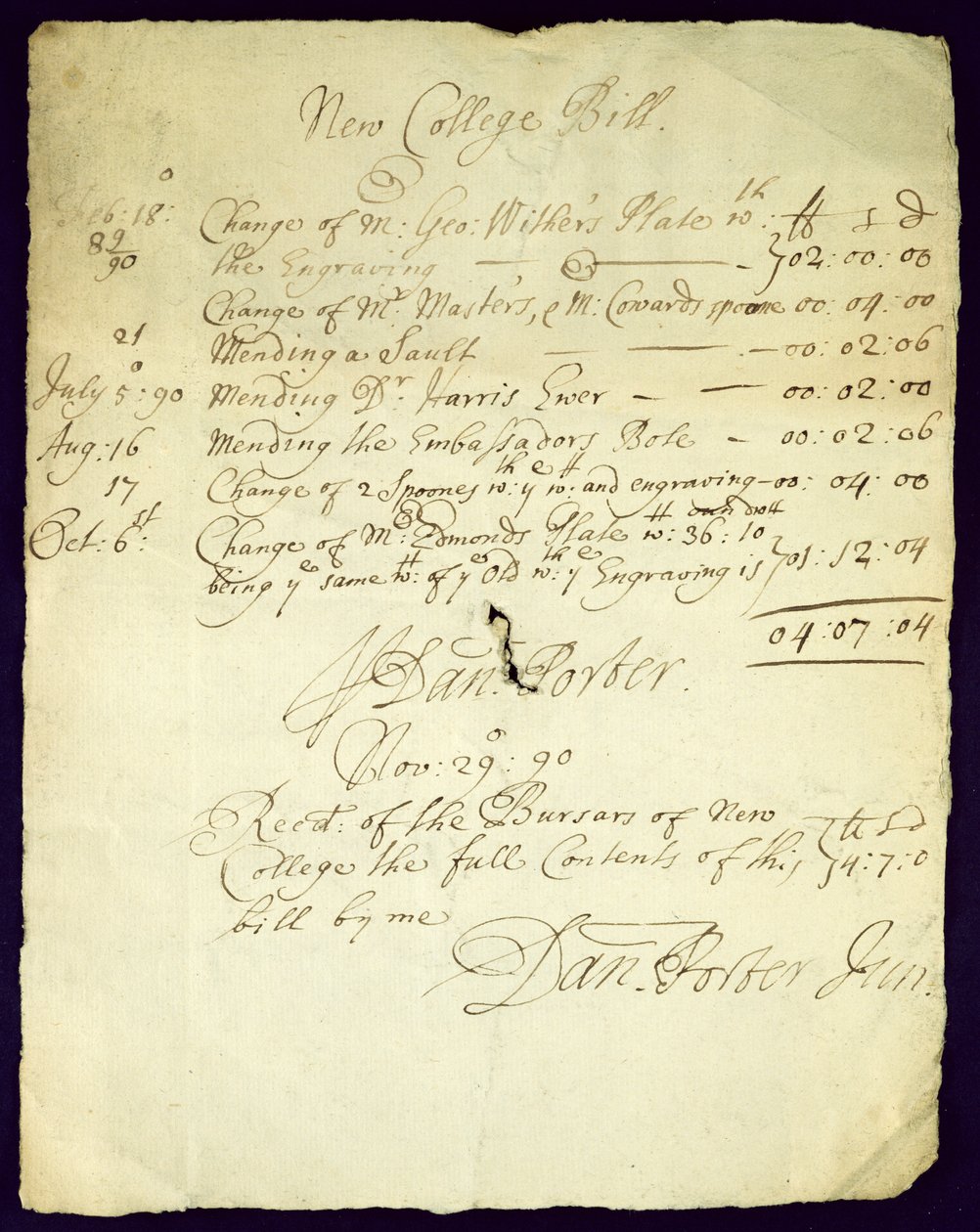 Fattura di Daniel Porter al New College, 1690 da English School