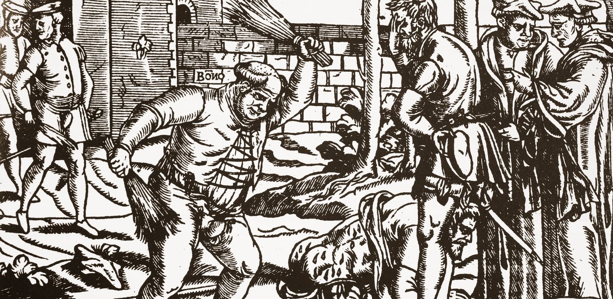 Il vescovo Bonner che picchia il suo prigioniero, John Willes, nel frutteto del suo palazzo a Fulham da English School