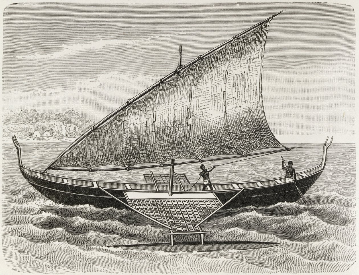 Barca delle Isole Mortlock, con bilanciere e vela di stuoia, da 