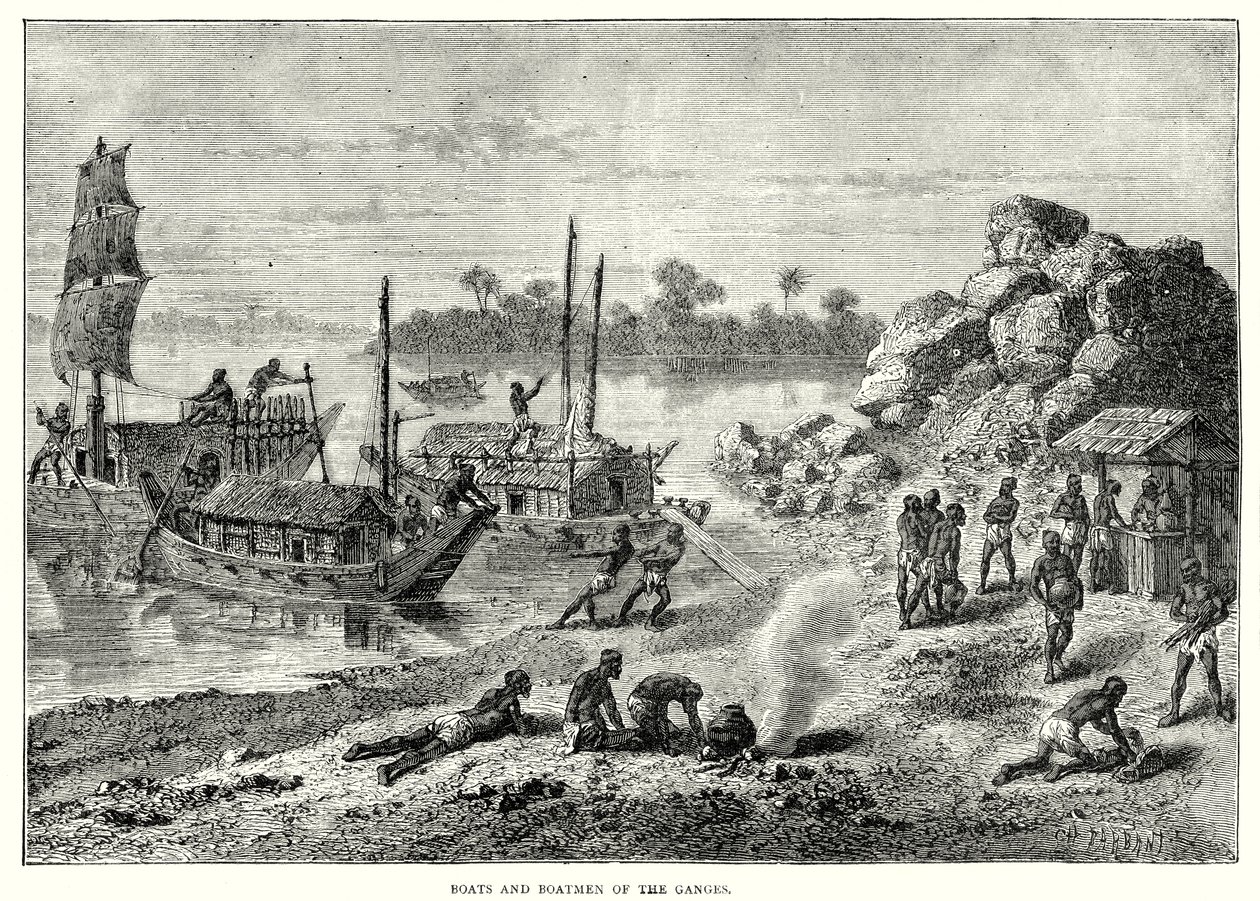 Barche e barcaioli del Gange (incisione) da English School