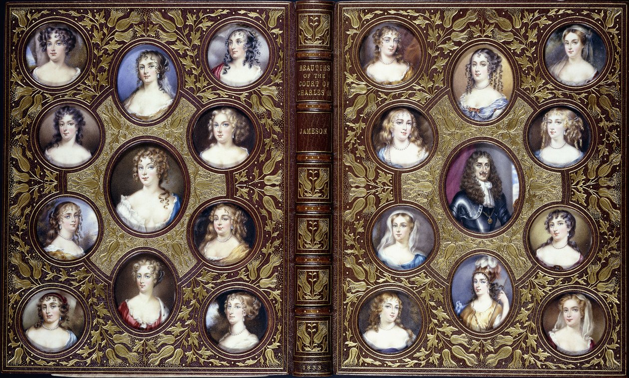 Copertina del libro con ventidue miniature di ritratti di Carlo II e le belle donne della sua corte, 1833 da English School