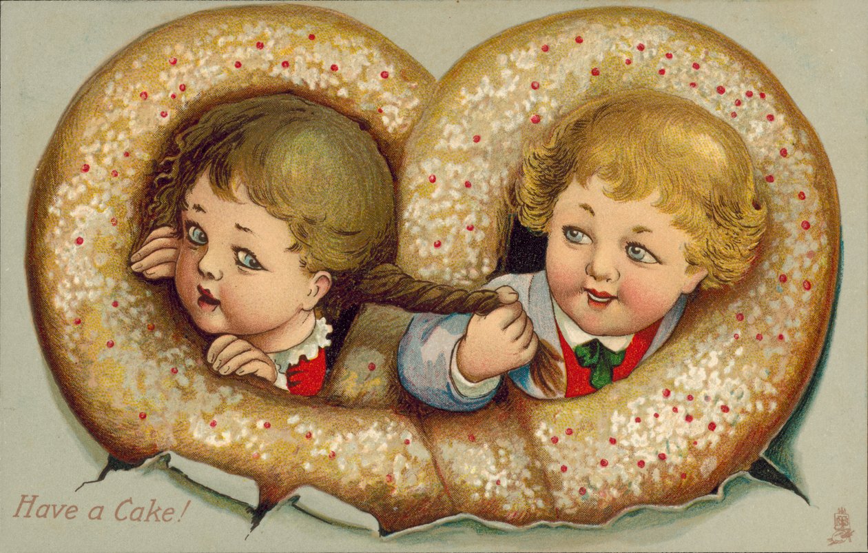 Ragazzo e ragazza intrecciati in una torta (litografia a colori) da English School