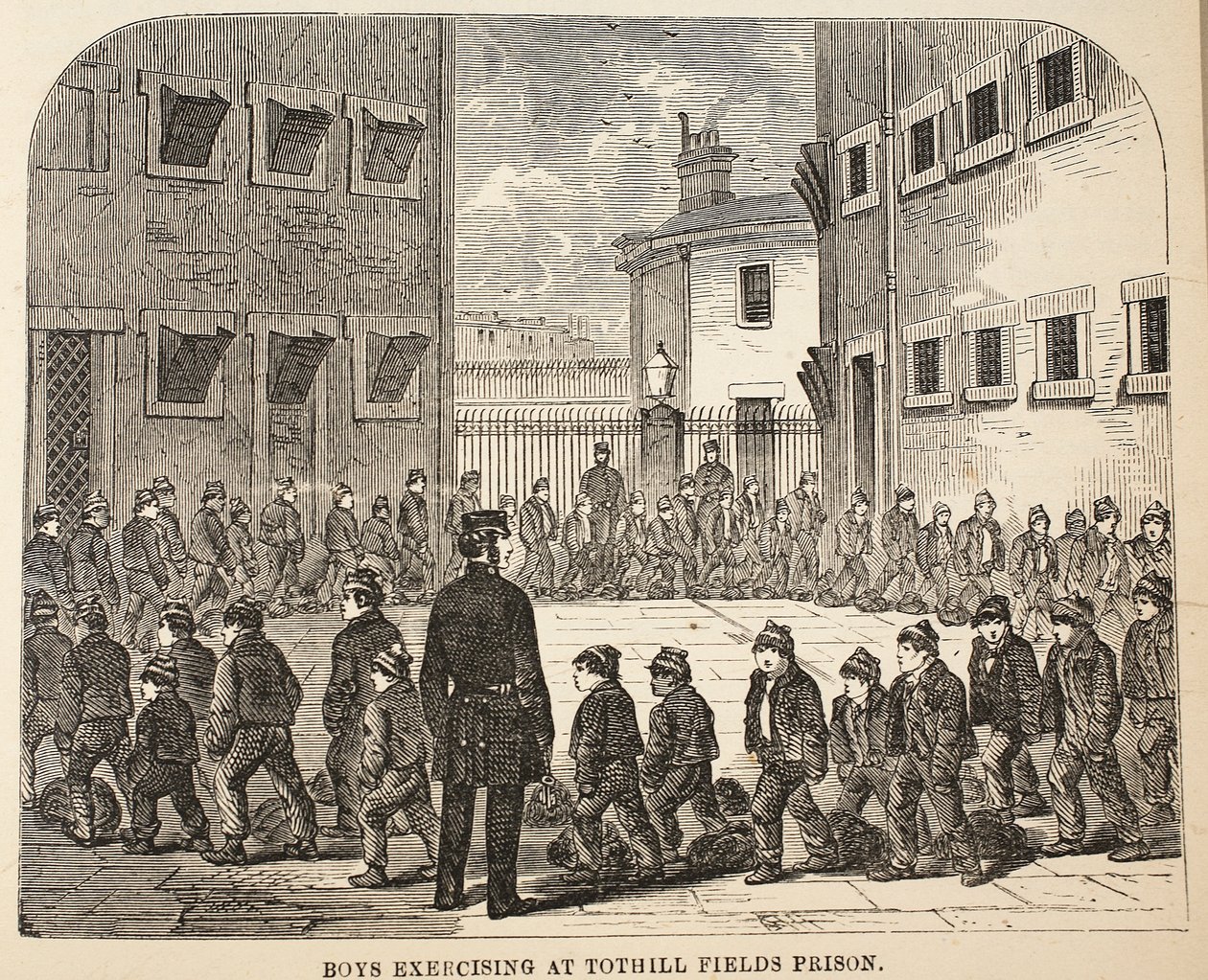 Ragazzi che si esercitano alla prigione di Tothill Fields, illustrazione da Le Prigioni Criminali di Londra e Scene dalla Vita Carceraria di Henry Mayhew e John Binny, pub. 1862 da English School
