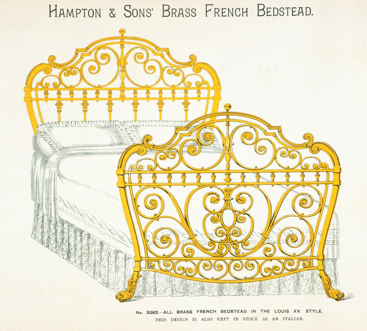 Letto in ottone francese dal catalogo di mobili di Hampton and Sons, 1902 da English School