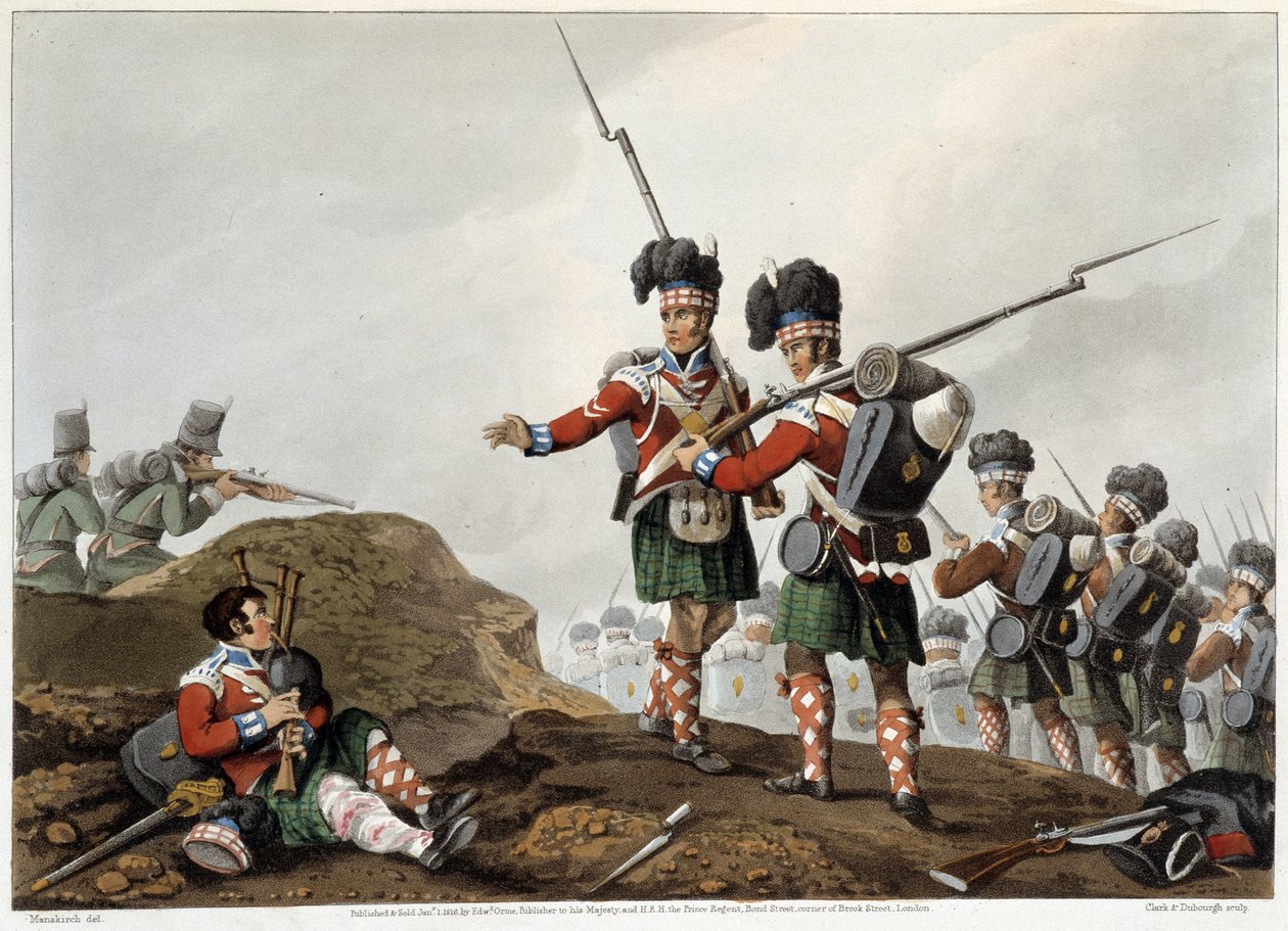 Coraggio in "Aneddoti e incidenti storici, militari e navali accaduti alle armi della Gran Bretagna e dei loro alleati, terminando a Waterloo" di Edward Orme. Illustrazioni di Fry, Sutherland, Clark, Dubourg, W.Heart, JA, Atkinson... Ed. 1819, Londra. da English School