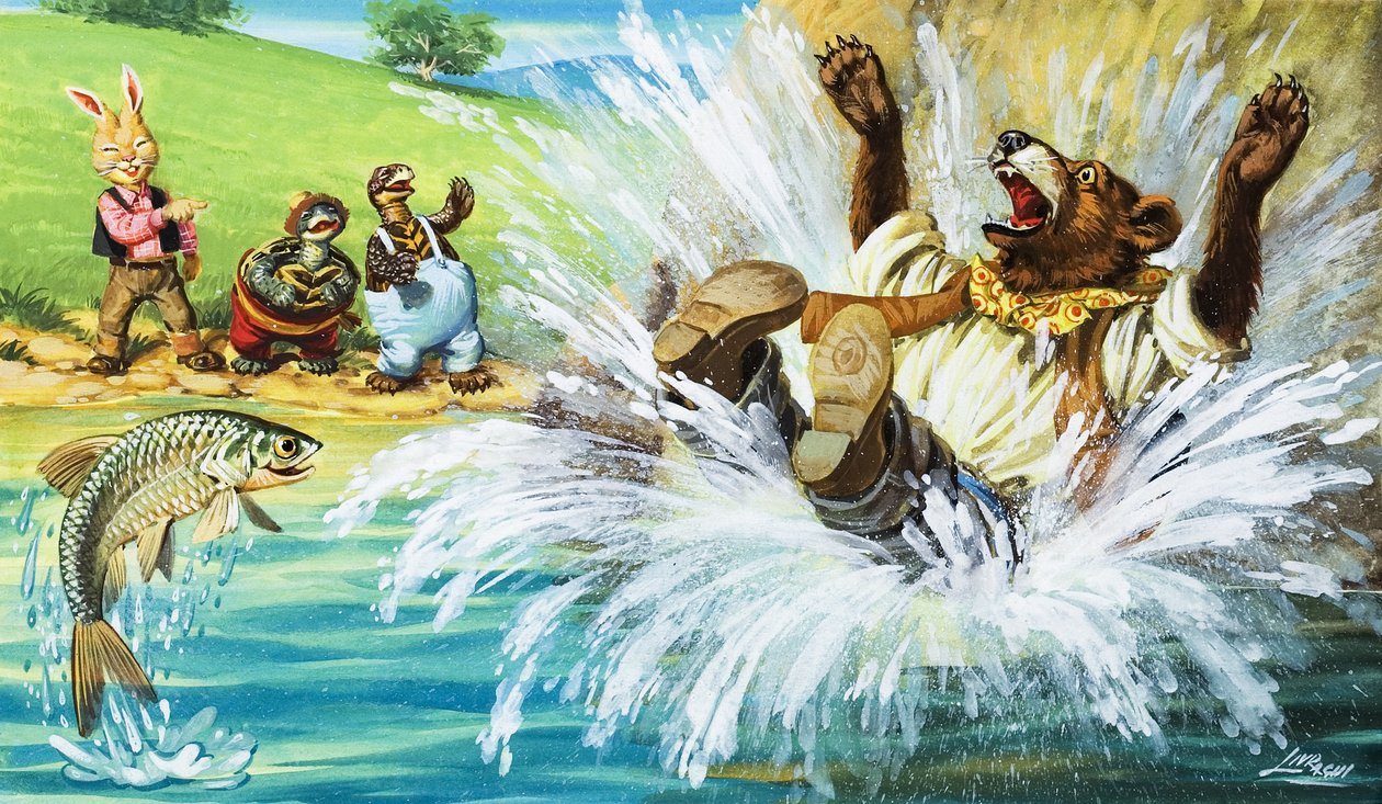 Orso bruno che cade nel fiume (gouache su carta) da English School