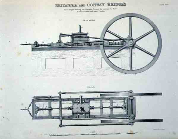 Ponti Britannia e Conway: Motore a vapore che lavora le presse idrauliche per sollevare i tubi, di Messrs Easton e Amos di Londra da English School