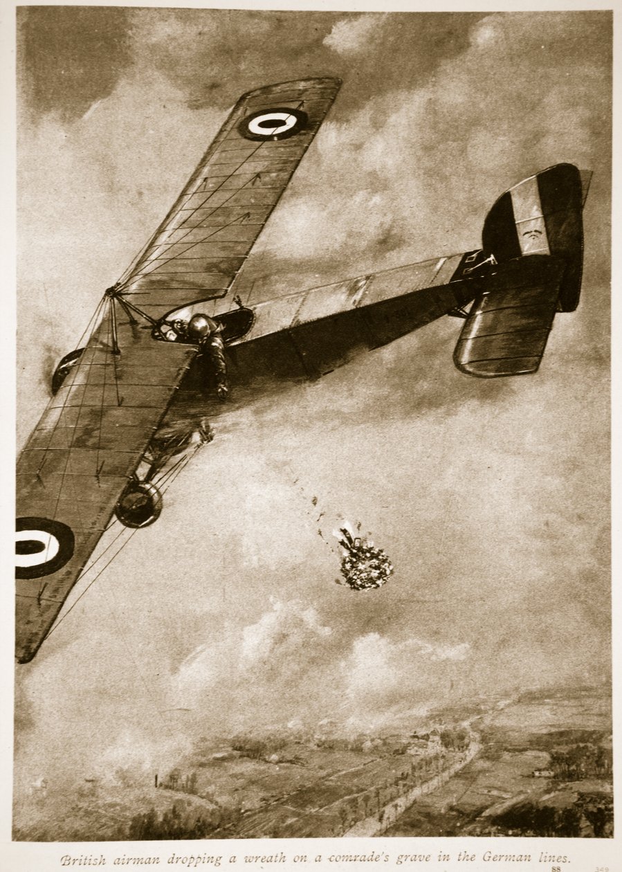 Aviatore britannico che lascia cadere una corona sulla tomba di un compagno nelle linee tedesche, 1914-19 da English School