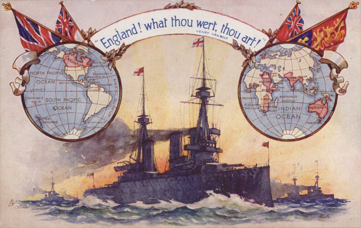 Nave da guerra britannica con mappe e bandiere dell