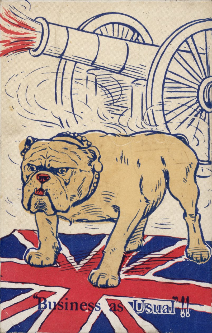 Bulldog britannico in piedi sulla bandiera dell