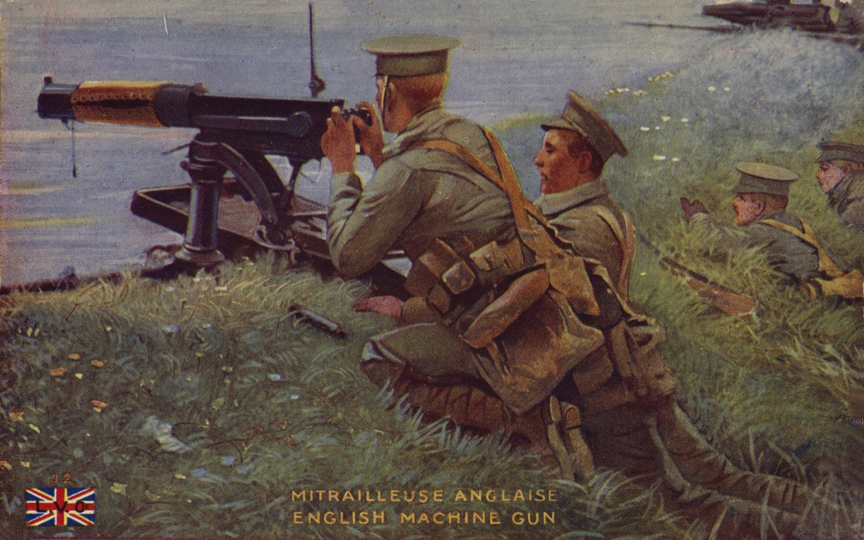 Mitragliatrice britannica, Prima Guerra Mondiale (litografia a colori) da English School