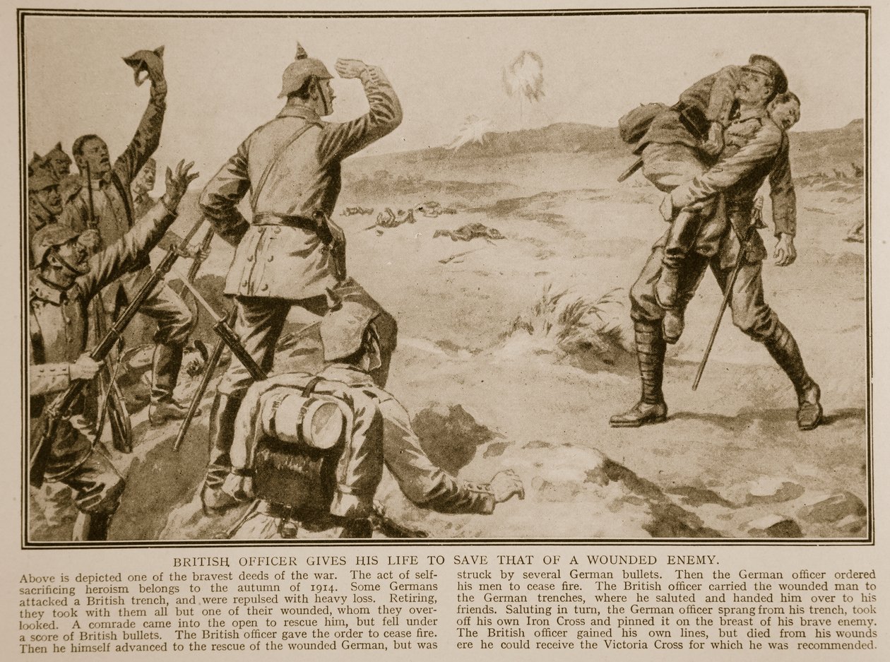 Ufficiale britannico sacrifica la sua vita per salvare quella di un nemico ferito, 1914-19 da English School