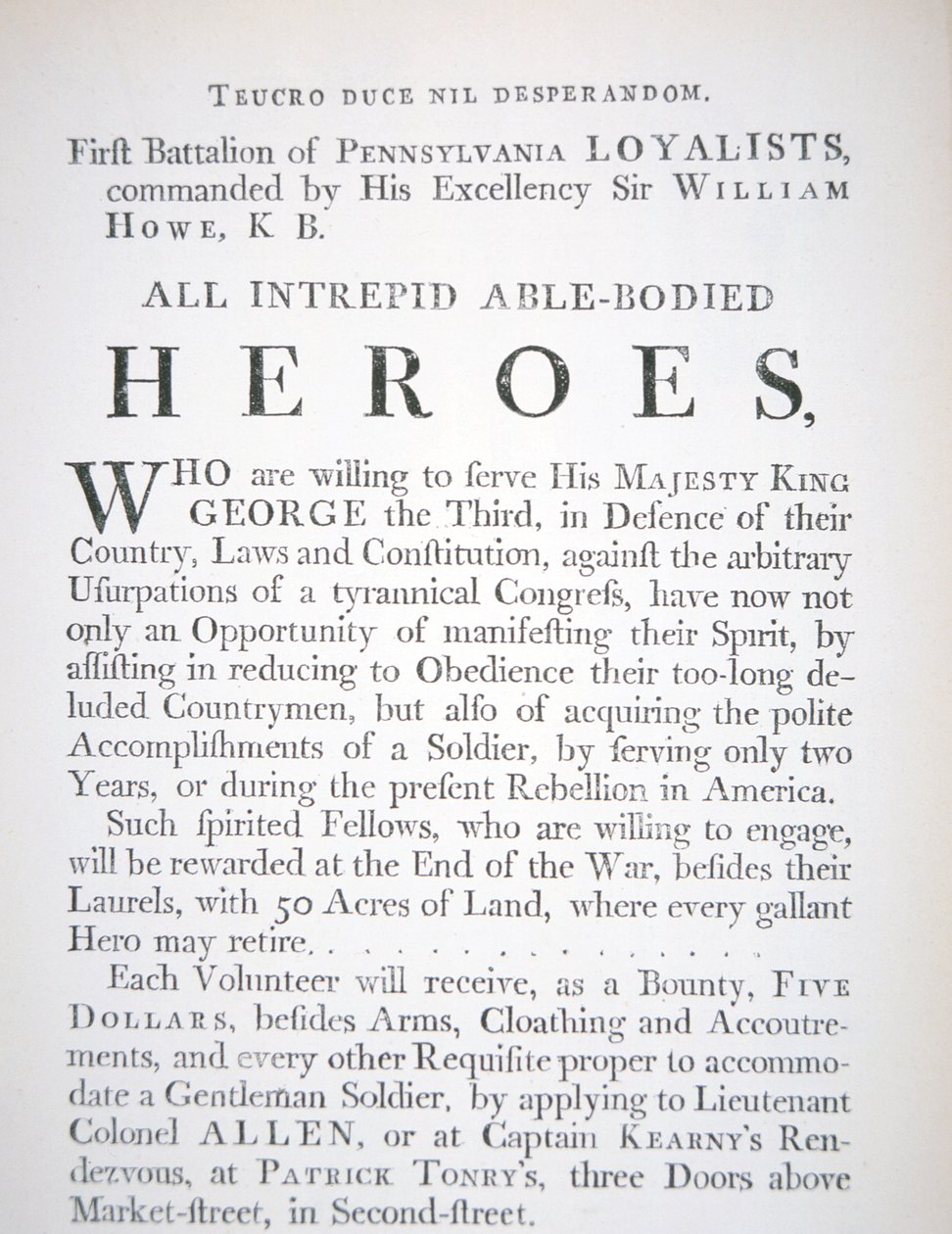 Poster di reclutamento britannico per il Primo Battaglione dei Lealisti della Pennsylvania, durante la Guerra d