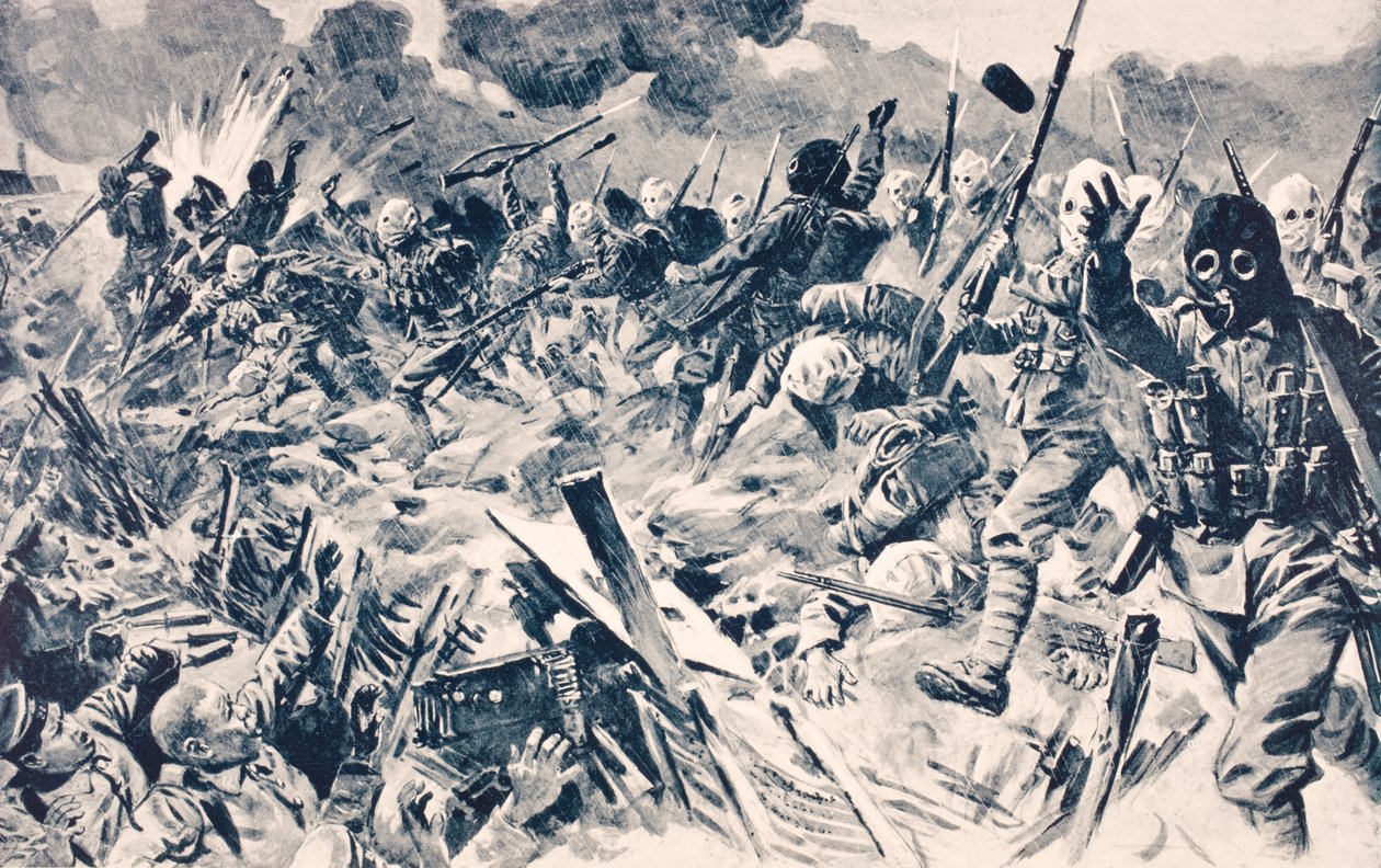 Truppe britanniche con maschere antigas attaccano le trincee tedesche a Loos, Francia, 25 settembre 1915, da 