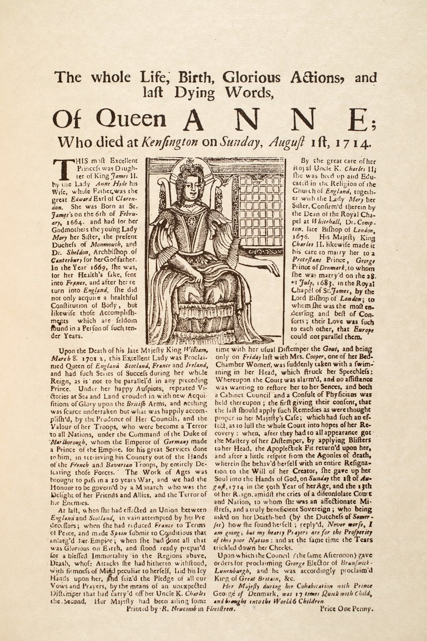 Manifesto pubblicato alla morte della regina Anna, domenica 1 agosto 1714 da English School