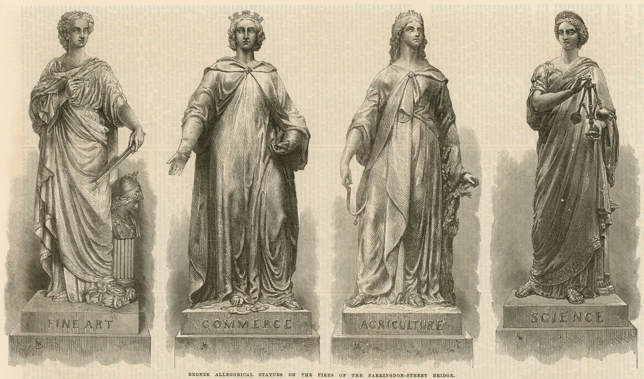 Statue allegoriche in bronzo sui pilastri del Farringdon Street Bridge (incisione) da English School