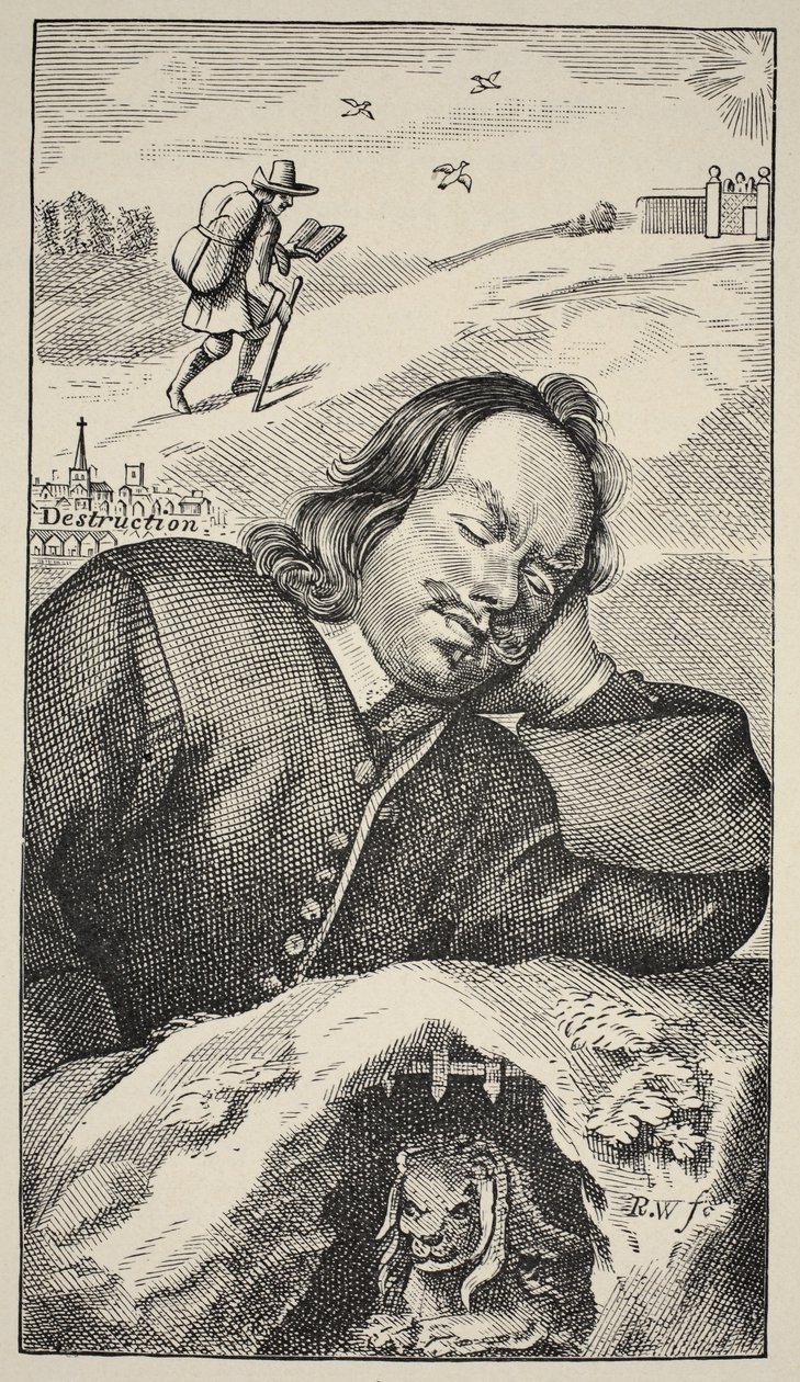 Il sogno di Bunyan, frontespizio di The Pilgrims Progress di John Bunyan (1628-88), 4a edizione, pub. 1680 da English School