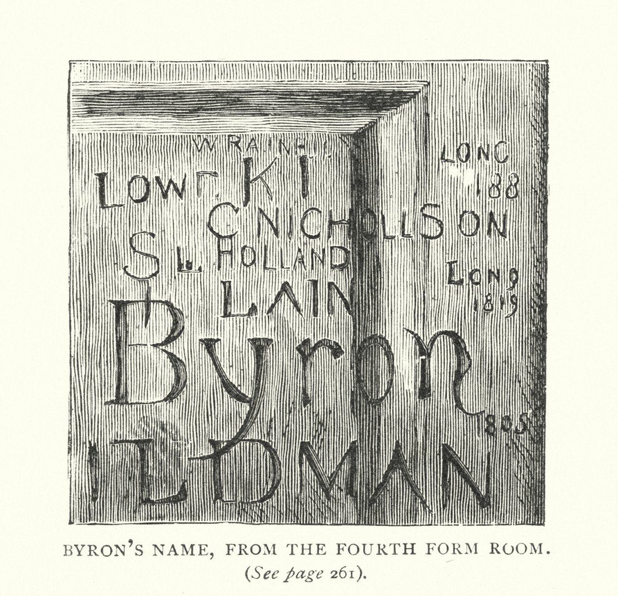 Il nome di Byron, dalla Sala della Quarta Forma (incisione) da English School