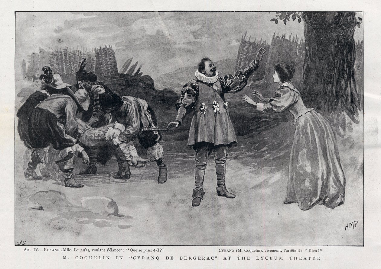 Constant Coquelin Aîné attore inglese nel ruolo di Cyrano de Bergerac al Lyceum Theatre, Londra 1898 da English School