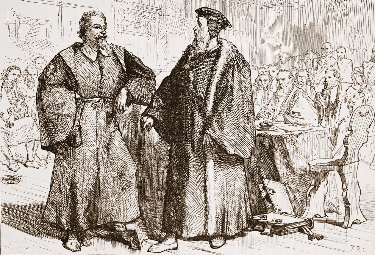 Calvino e Serveto davanti al Consiglio di Ginevra, illustrazione da La storia del protestantesimo di James Aitken Wylie (1808-1890), pub. 1878 da English School