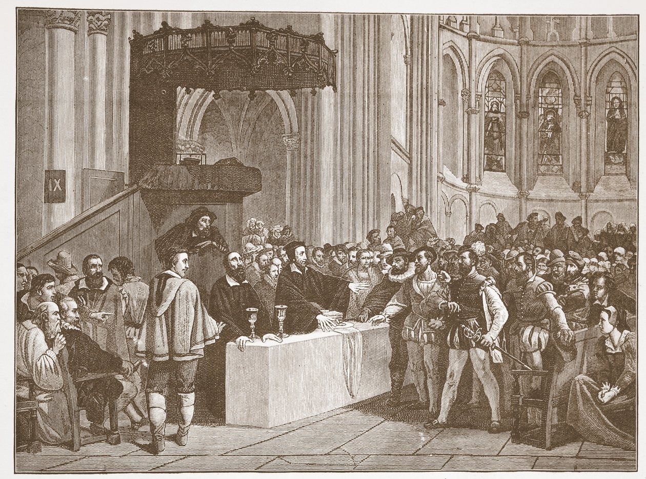 Calvino che rifiuta la Cena del Signore ai Libertini, nella Cattedrale di San Pietro, Ginevra, illustrazione da The History of Protestantism di James Aitken Wylie, pub. 1878 da English School
