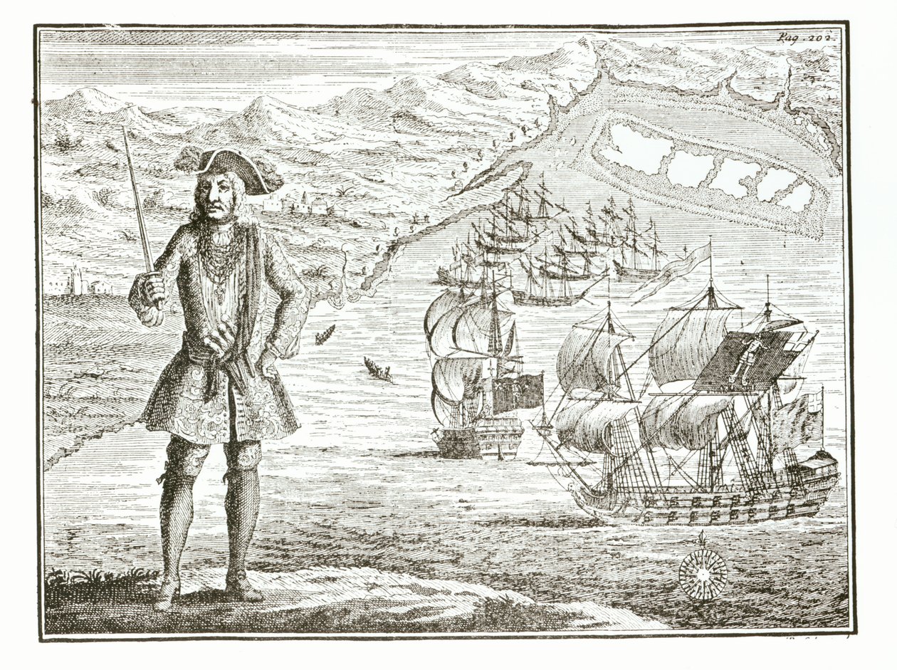 Capitano Bartholomew Roberts (1682-1722) con due navi, la Royal Fortune e la Ranger salpano a Whydah Road sulla costa della Guinea, 11 gennaio 172? da Una storia generale dei furti e degli omicidi dei pirati più noti da English School