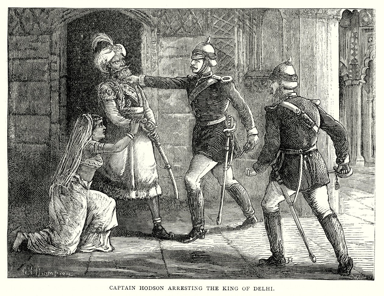 Il capitano Hodson arresta il re di Delhi (incisione) da English School