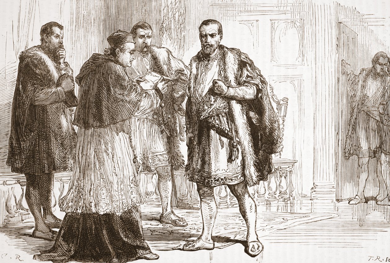 Il cardinale de Tournon legge il manifesto protestante a Francesco I, illustrazione da La storia del protestantesimo di James Aitken Wylie (1808-1890), pub. 1878 da English School