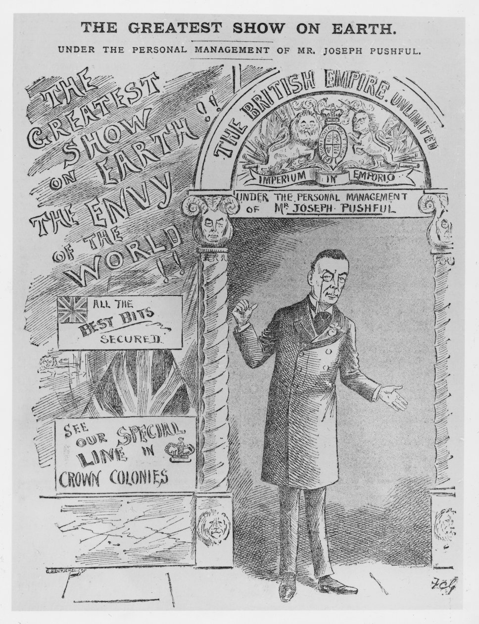 Caricatura di Joseph Chamberlain come Segretario Coloniale, c.1900 da English School