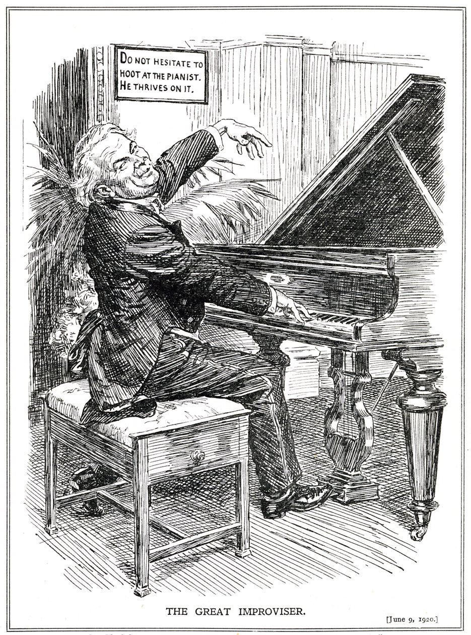 Cartone animato che prende in giro Lloyd George come il Grande Improvvisatore o leader degli Improvvisa-Tories, giugno, 1920 da English School