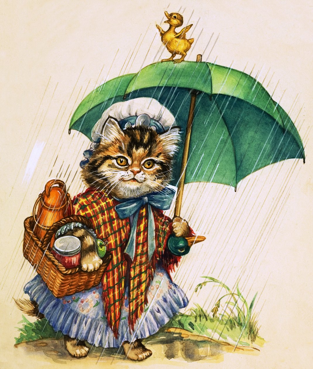 Gatto con ombrello (gouache su carta) da English School