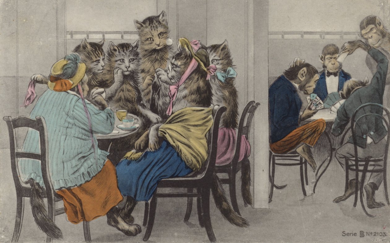 Gatti che bevono tè e scimmie che giocano a carte (litografia a colori) da English School
