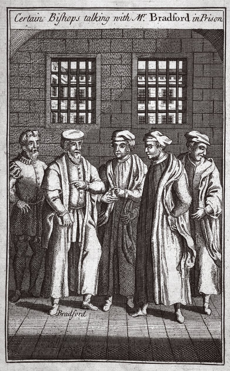 Certi vescovi che parlano con Mr Bradford in prigione, illustrazione da Foxes Martyrs c.1703 da English School