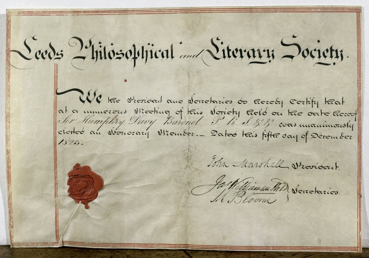 Certificato di membro onorario per Sir Humphry Davy (1778-1829) alla Leeds Philosophical and Literary Society, 5 dicembre 1823 da English School