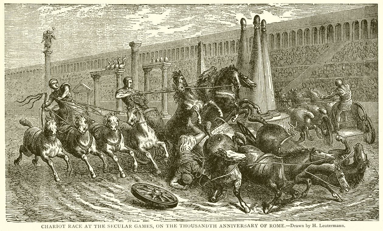Corsa delle bighe ai Giochi Secolari, nel millenario di Roma (incisione) da English School