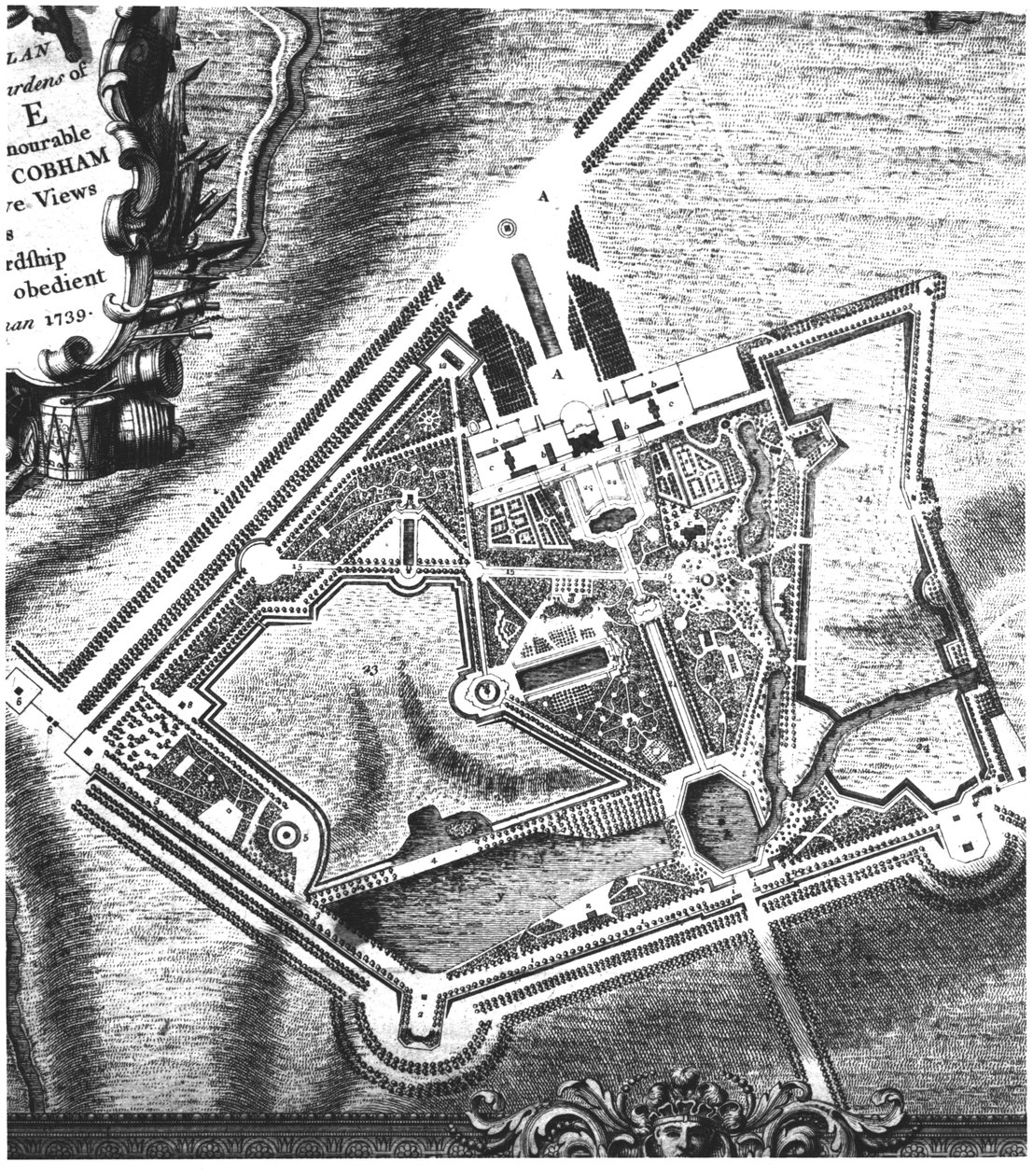 Piano di Charles Bridgeman (fl.1713-38) per i Giardini di Stowe, da un libro sulle vedute di Stowe pubblicato da Mrs Charles Bridgeman nel 1739 da English School