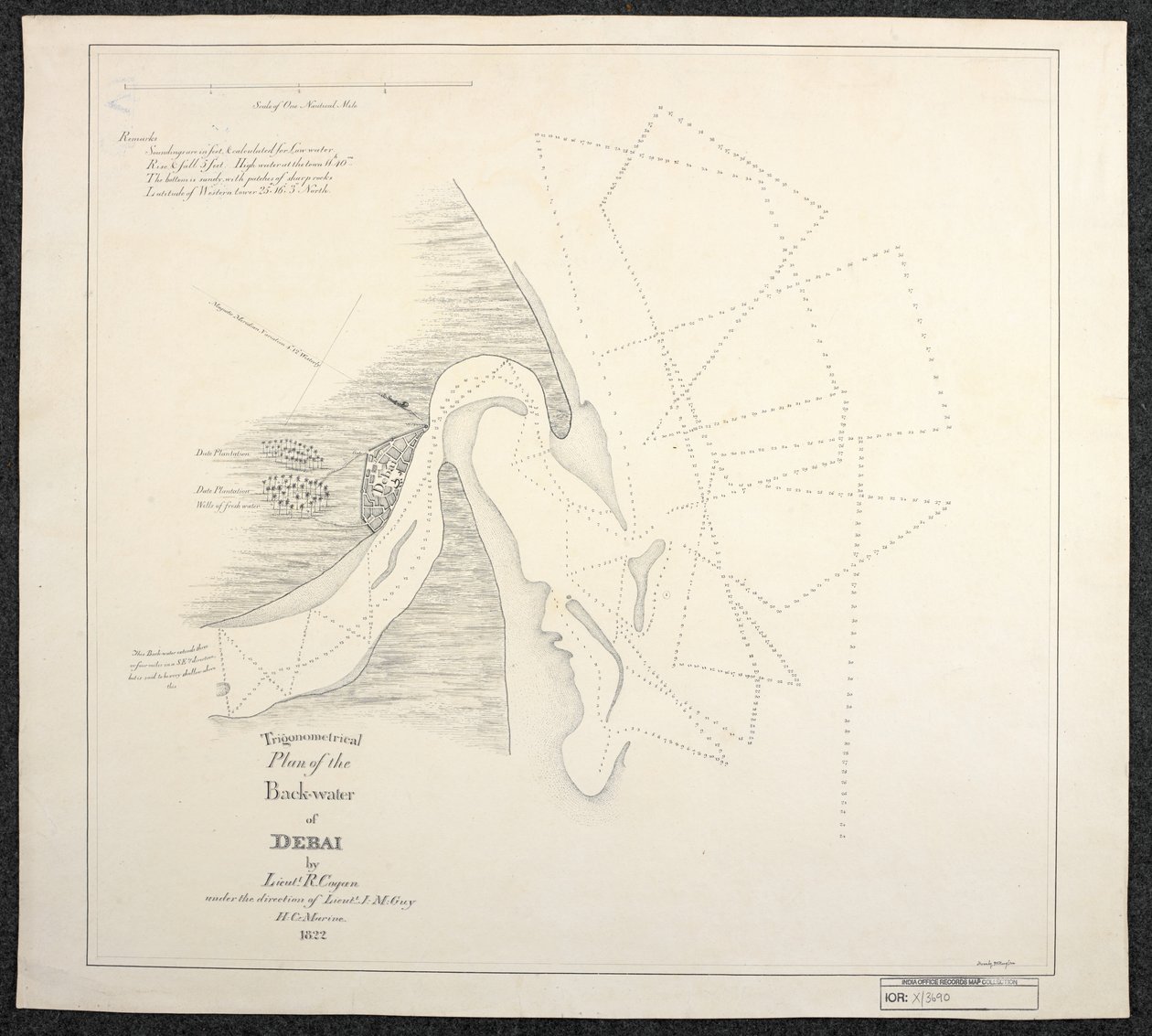 Carta di Dubai nel 1822 da parte dei topografi marini della Compagnia delle Indie Orientali Inglese, intitolata Piano Trigonometrico del Back-water di Debai del tenente R. Cogan sotto la direzione del tenente J. M. Guy, H. C. Marine da English School