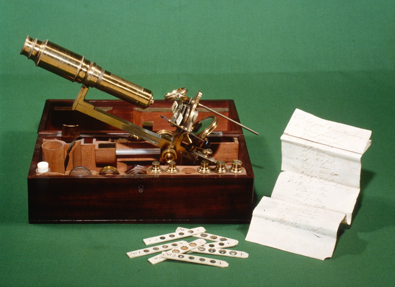 Microscopio a cassa, con selezione di cursori in avorio e lista, c.1800 da English School