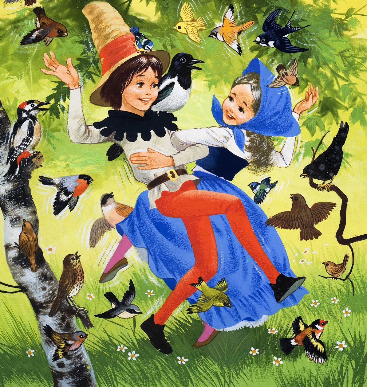 Bambini che danzano nel bosco (gouache su carta) da English School