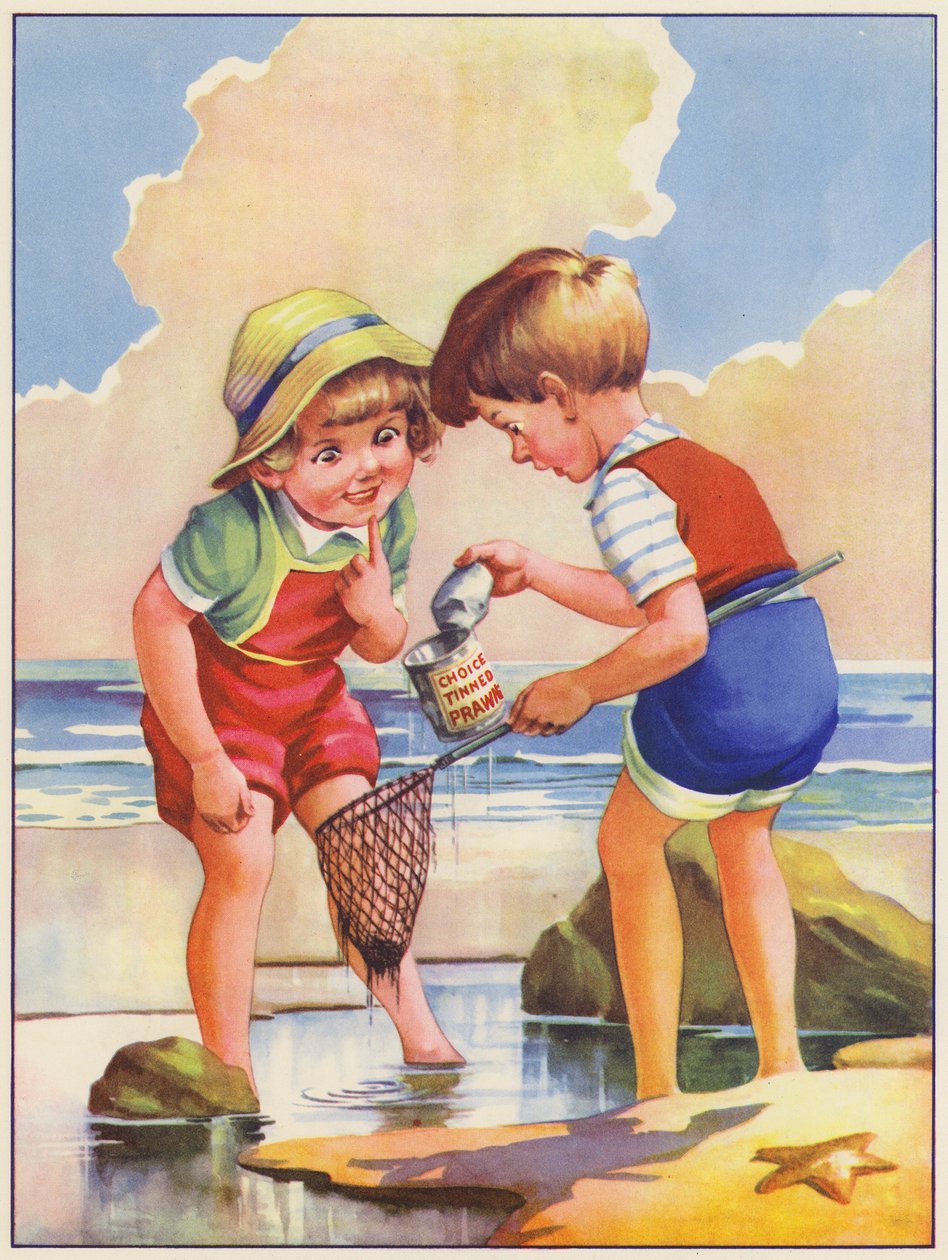 Bambini che pescano in una vasca di roccia in riva al mare (litografia a colori) da English School