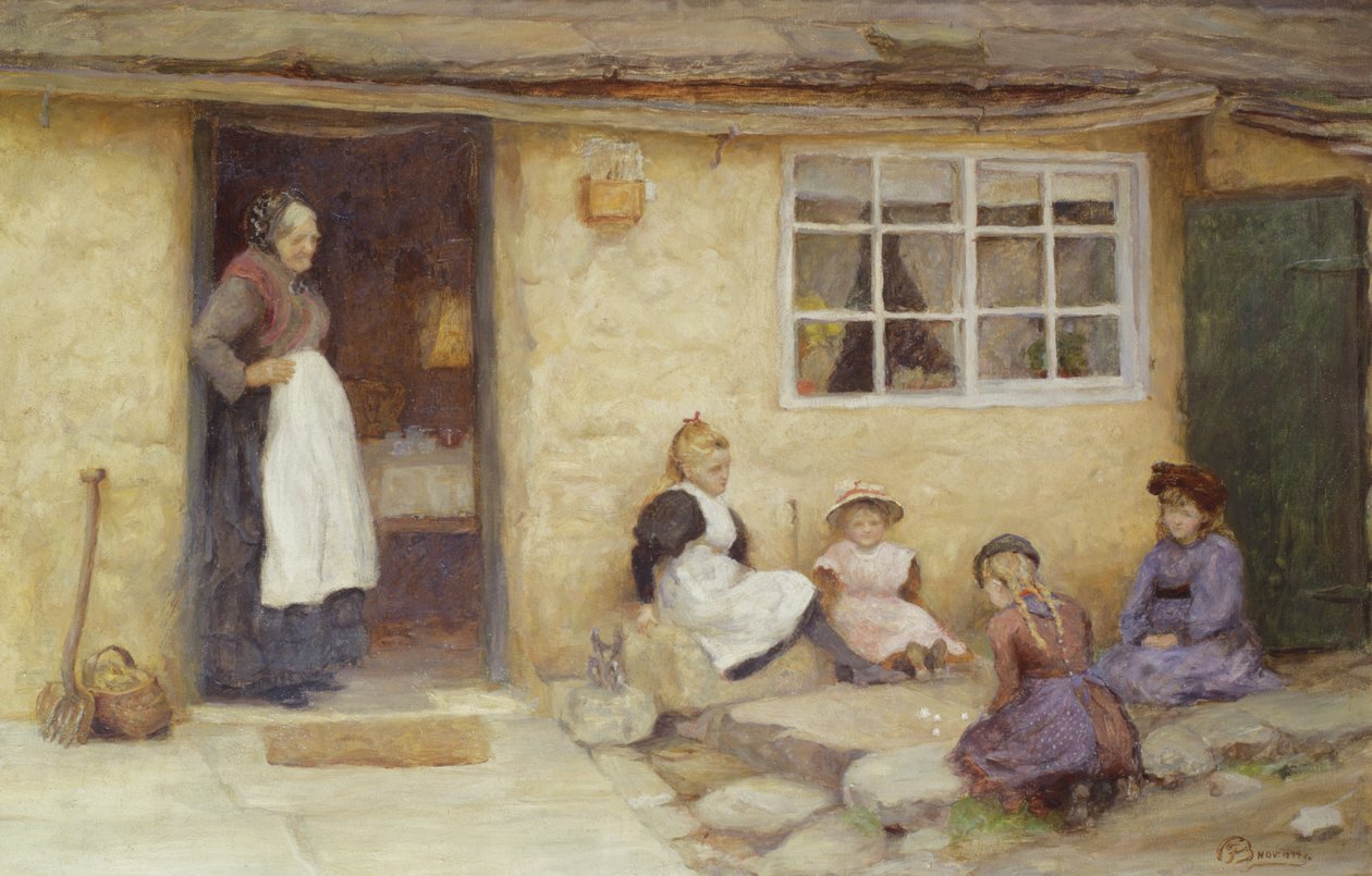 Bambini che giocano a dadi vicino a un cottage da English School